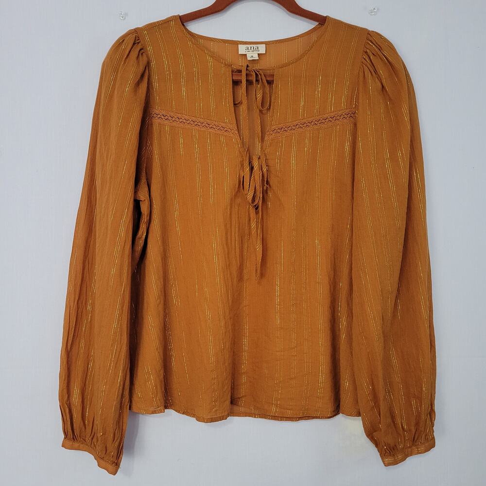 a.n.a Long Sleeve Double Tie Front Top size M Tan Gold Striped Boho Peasant